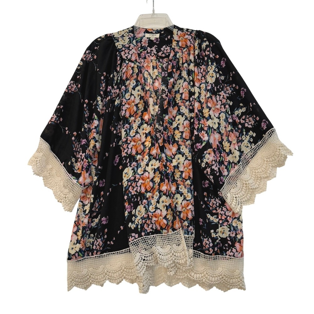 Umgee Floral Kimono Top Black Pink Crochet Lace‎ Trim Boho Festival S/M